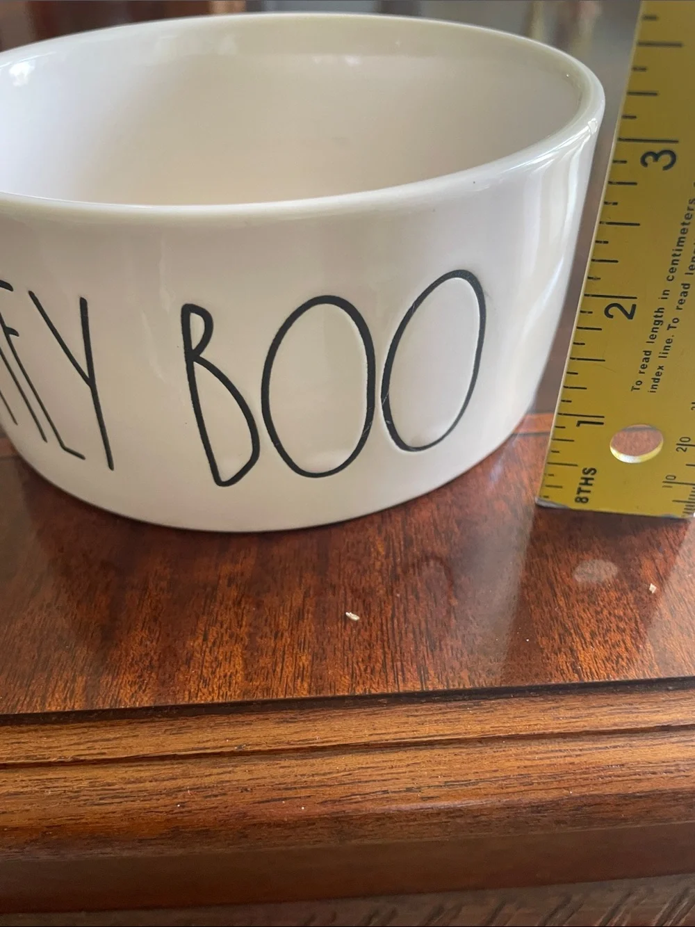 Rae Dunn White Ceramic Dog Bowl with Dog in ghost costume in bowl